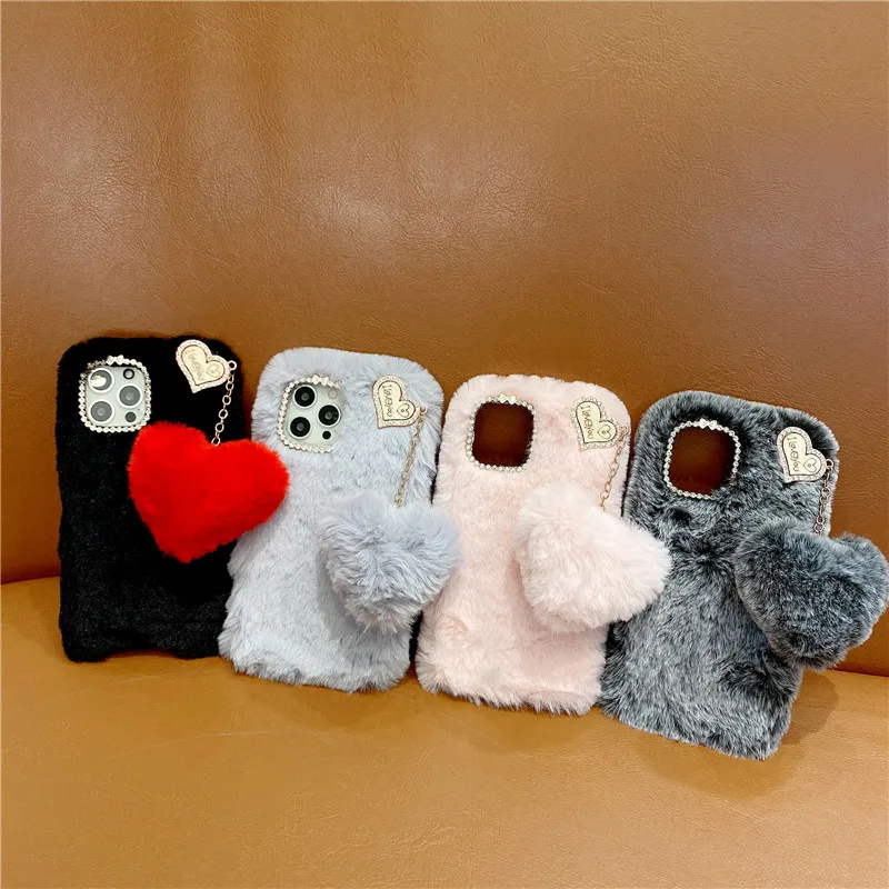 Pendant Plush Case For iPhone 15 14 12 11 Pro Max XS Max XR X 13 Luxury Rabbit Furry Fluffy Soft Cover For iPhone 6 7 8 Plus SE2