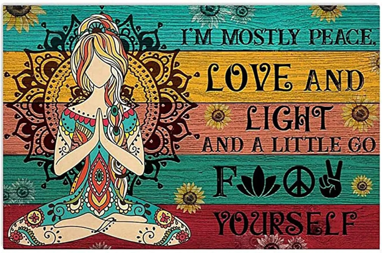 Funny Yoga Metal Sign IM Mostly Peace Love And Light Stay Wild Flower Child Poster Hippie Art Wall Plaque Tin Vintage