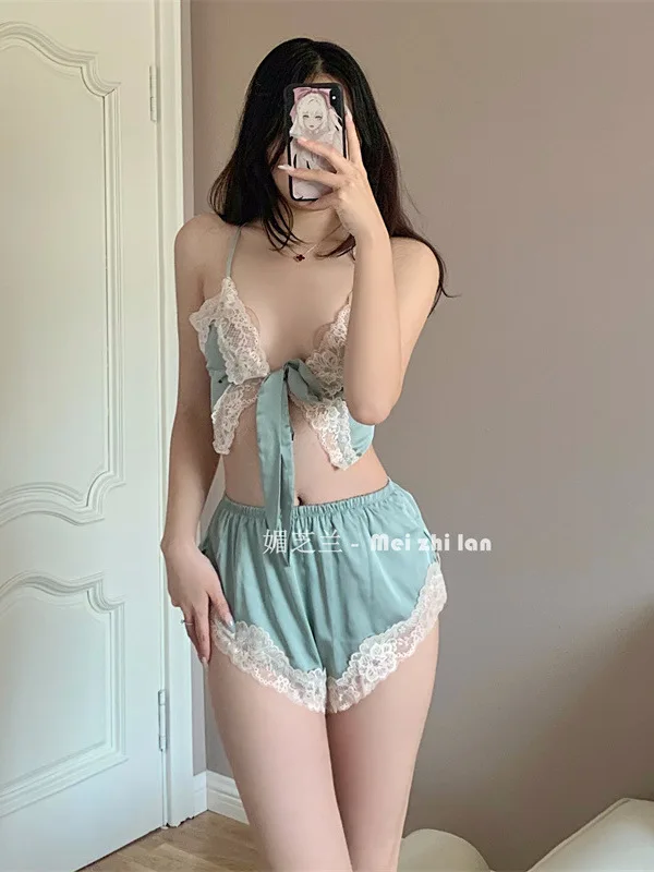 New Sexy Home Fury Split Pure Desire Temptation Mature Charm Elegant Gentle New Fat MM Women's Sling Anti Silk Shorts Set X3NW