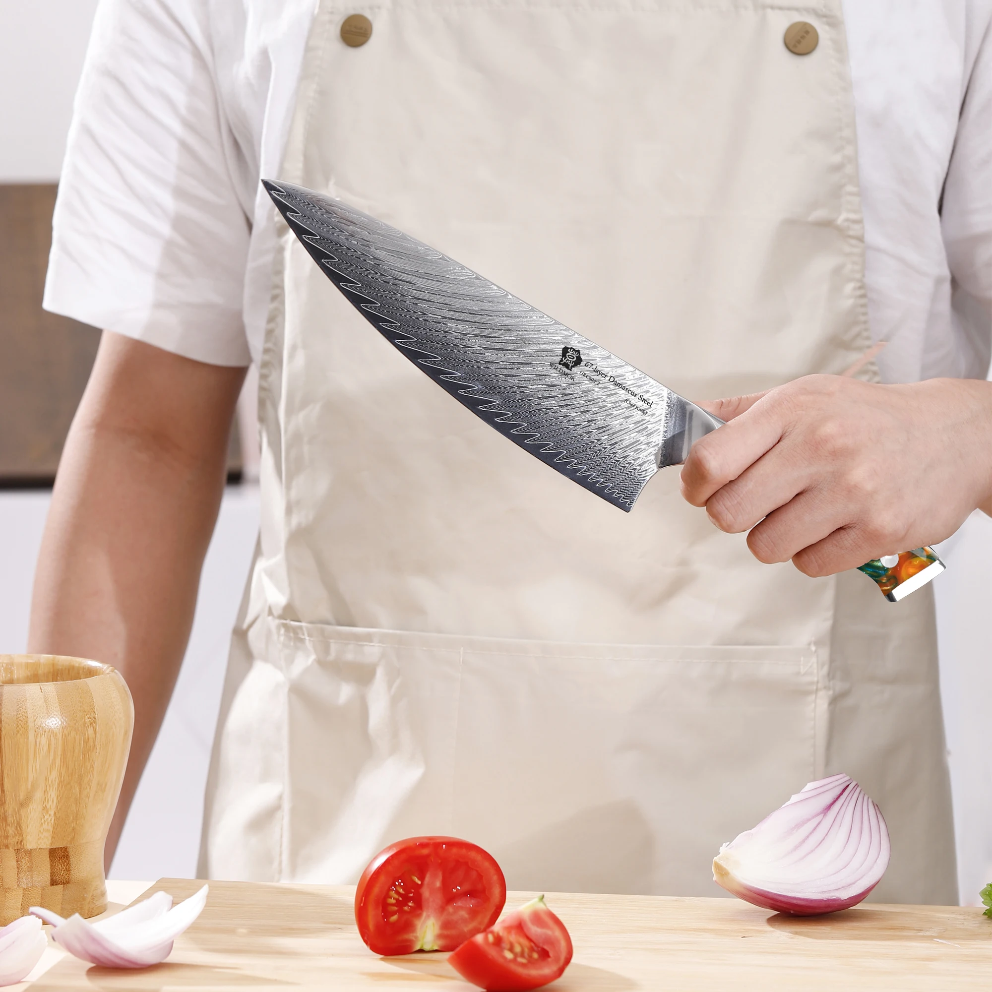 WILDMOK 8 Inch Handmade 67-Layer VG10 Damascus Chef Knife, High Carbon Steel, Orange Resin Handle, Home & Restaurant Use
