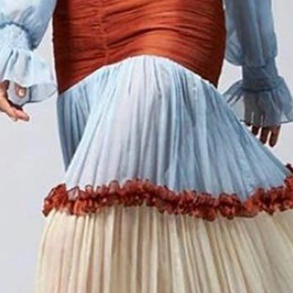 

Women’s Long Boho Flowy Dress V Neck Ruffle Lantern Sleeve Patchwork Tiered A Line Elegant Color Blocking Party Dress for Women