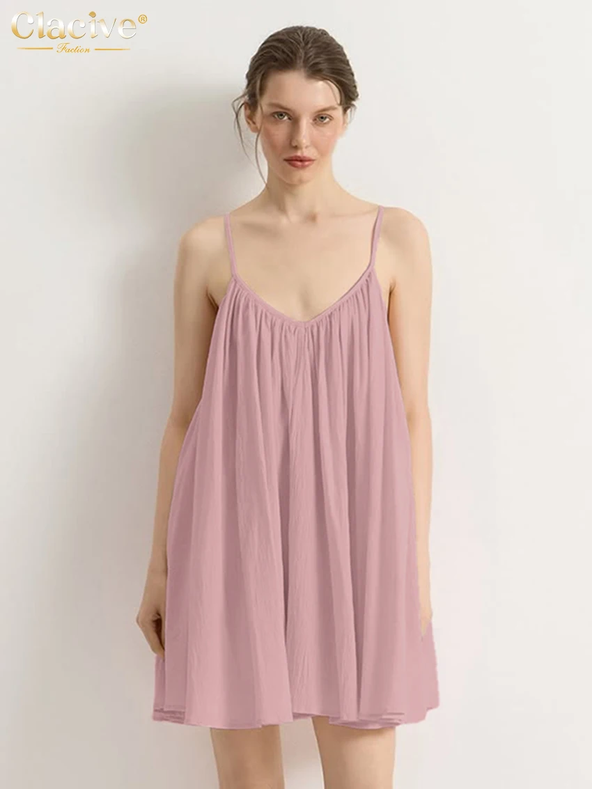 

Clacive Summer Loose Pink Women's Dress 2026 Sexy Strap Sleeveless Mini Dresses Lady Elegant Classic Pleated Female Dress