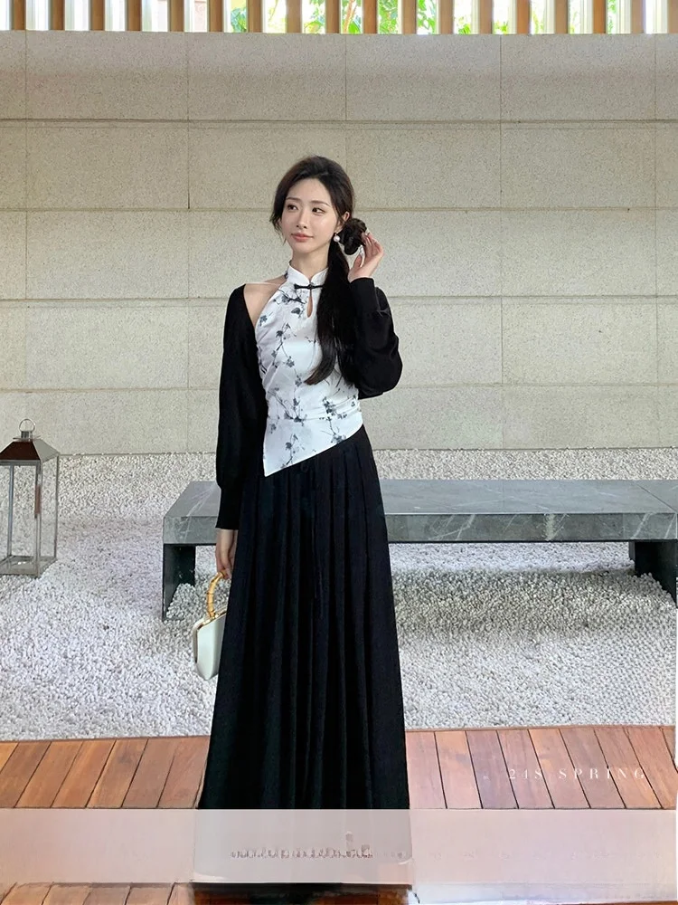 

Комплект из двух предметов Dingtail: женский летний свободный жилет и юбка-брюки в китайском стиле, повседневная одежда из полиэстера