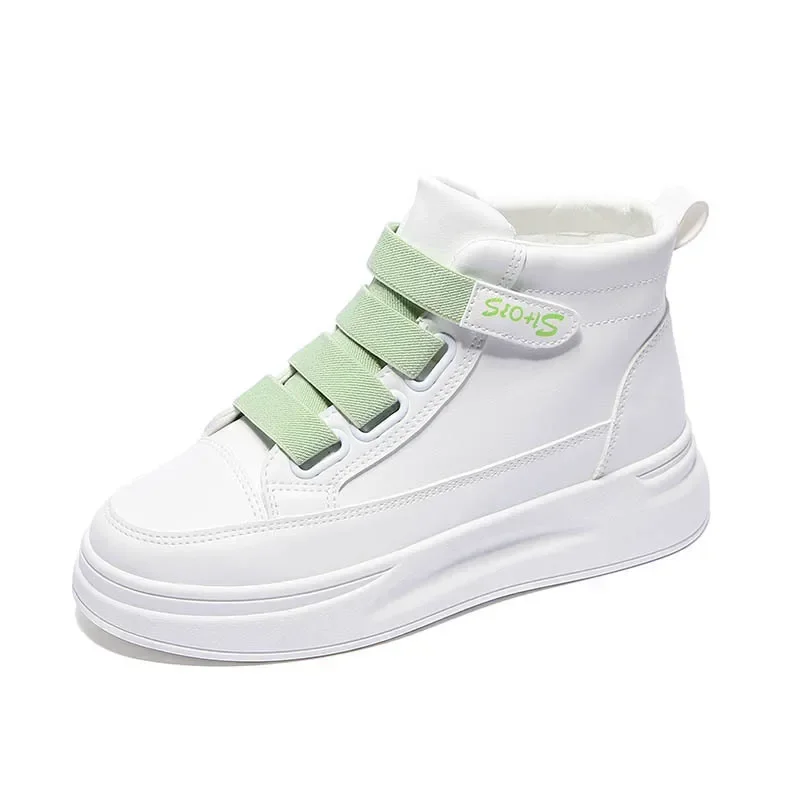 Zapatos vulcanizados de caña alta para mujer, zapatillas coreanas de fondo grueso para correr, color blanco, gran oferta, 2024