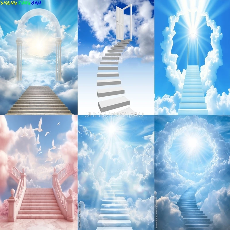 

Radiant Sun Rays Staircase Vivid Rainbow Blue Sky Photography Backdrops White Clouds Stairway Heaven Path Photo Background TK-01