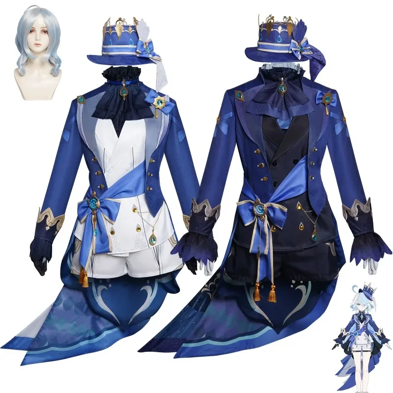

Anime Game Genshin Impact Focalors Black Furina Cosplay Costume Hat Full Set Wig Women Uniform Outfit Halloween Party Costume
