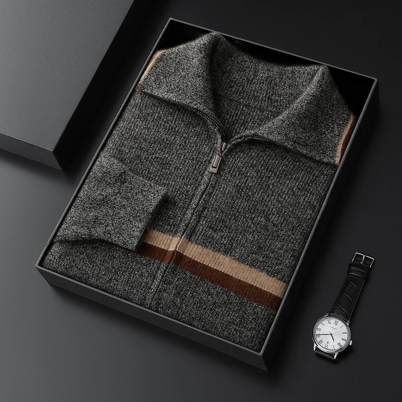 

Thick 100% Goat Cashmere Sweater Autumn Winter New Turn-down Collar Men's Knitted Cardigan Casual Long Sleeve Strip Coat Jacket