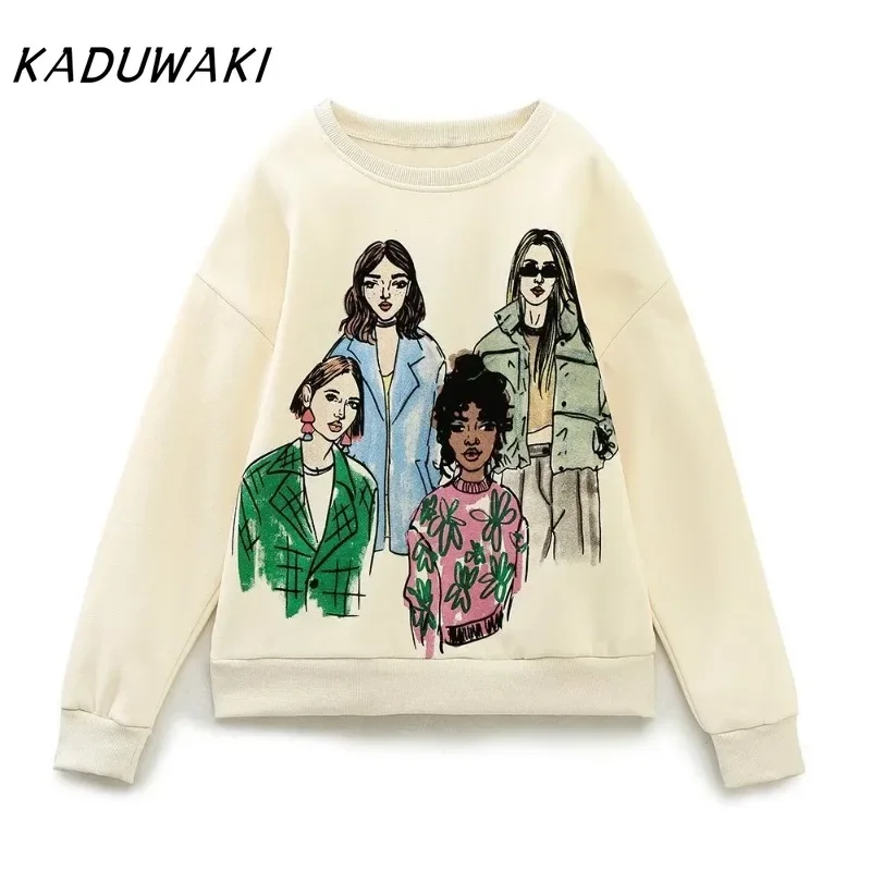 KADUWAKI Autumn/Winter New Product Women's Fashion Casual Loose Versatile Round Neck Long Sleeve Printed Sweater K Pop Clothes