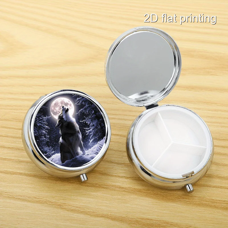Moonlit Wolf Howl 5 Pattern Round Box, Comprehensive Metal Box with 3 Compartments, Simple Portable Sealed Box for Storage, Multi-Compartment Classification Box Suitable for Home Travel, Birthday Gifts, Christmas Gift Collection Box, Printing Position May Vary