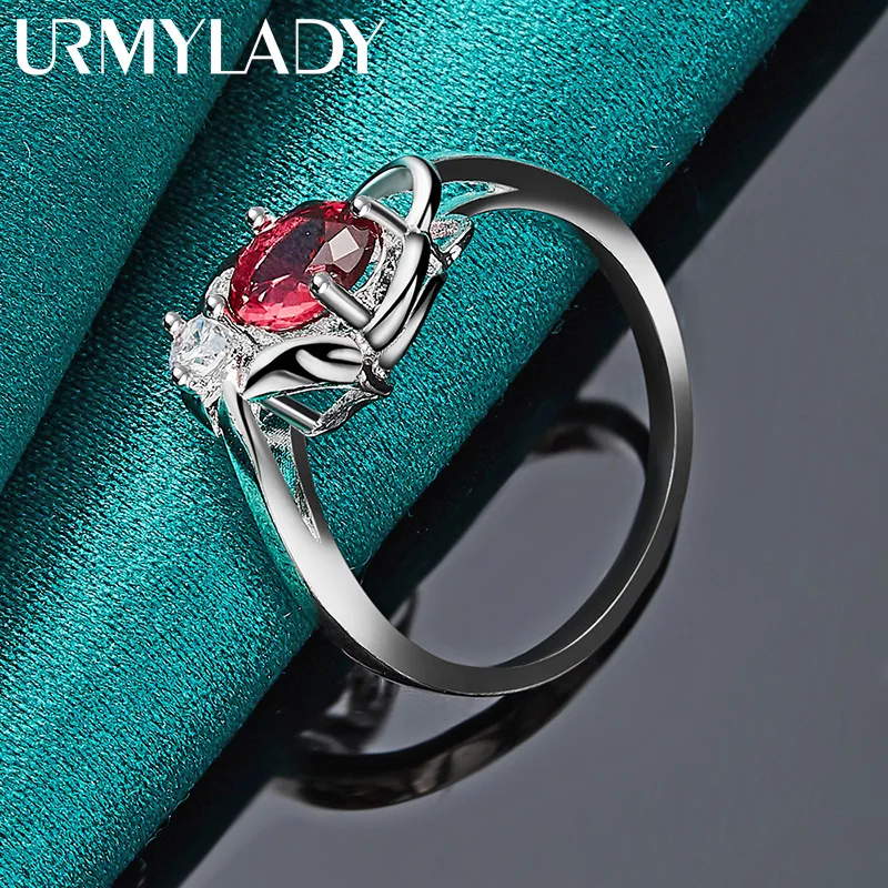 URMYLADY 925 Sterling Silver Flower Ruby 7-10# Ring For Women Wedding Engagement Fashion Charm Jewelry