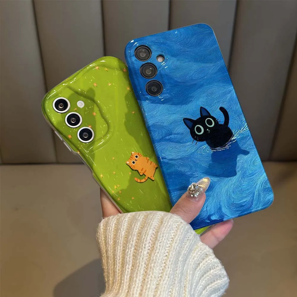 Cartoon Orange Cat Grass For Samsung Galaxy A21s A23 A24 A25 A31 A 32 33 34 35 36 51 53 54 55 56 73 Wave Oil Film Phone Case