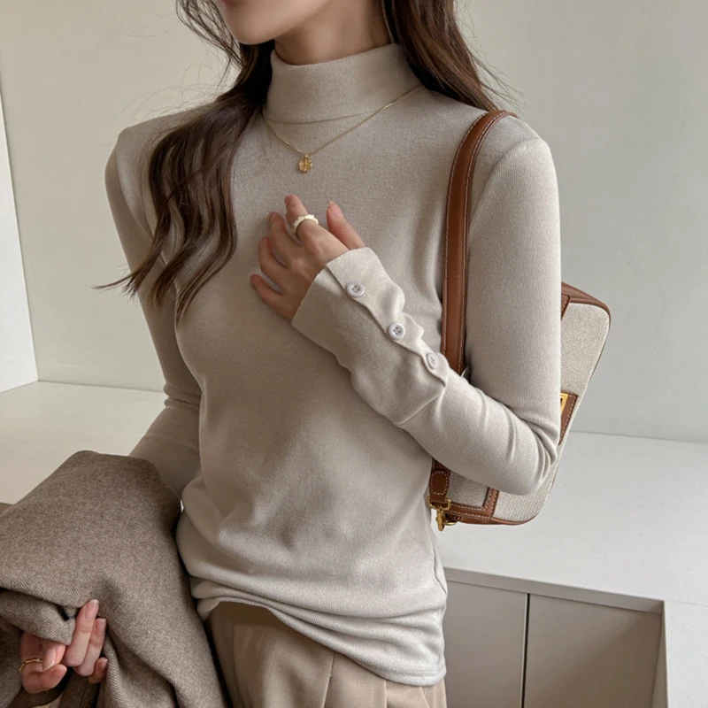 Soft Faux Cashmere Mock Neck Pullover Women Autumn Winter Warm Slim Fit Undershirt Woman Chic Basic Solid Long Sleeve T-shirt