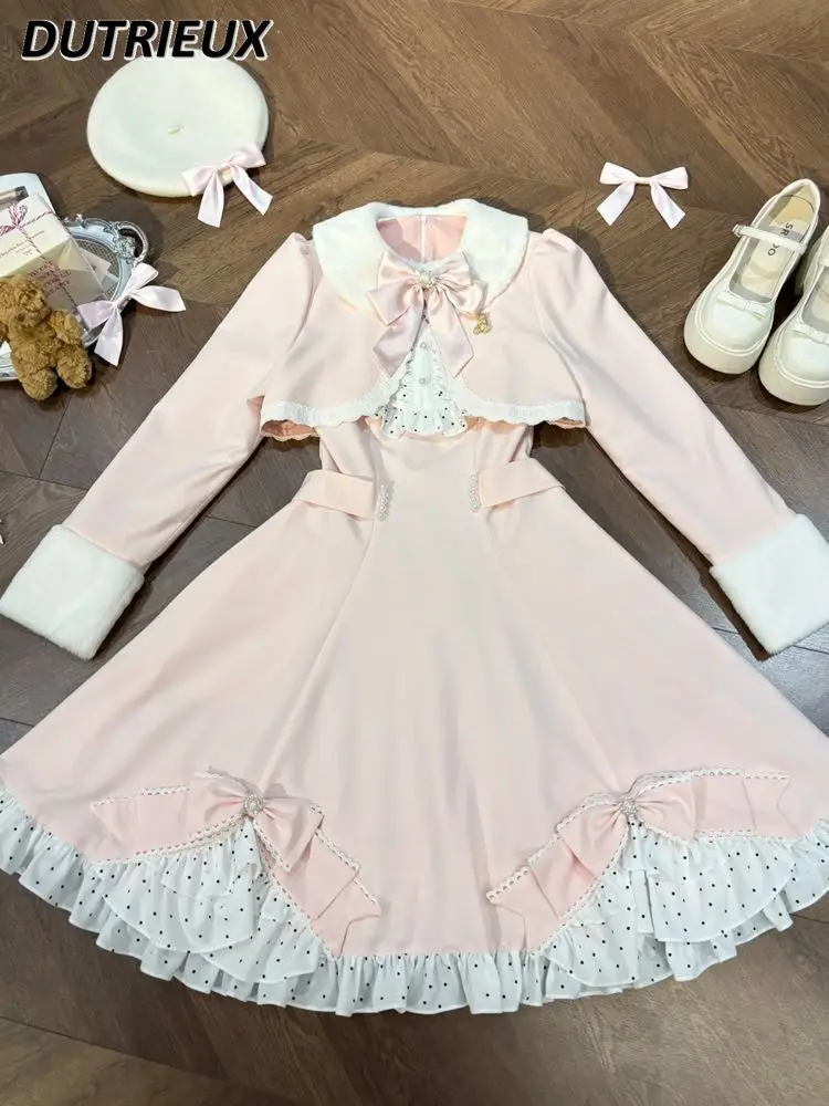 Manteau à manches longues et princesse Lolita pour filles mignonnes, avec nœud rose, amincissant, mi-long, nouvelle collection printemps et automne