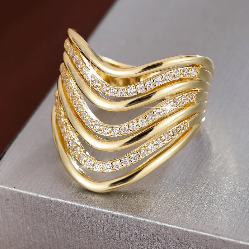 

Vintage Contour Line Hollow Ring Asymmetrical Stacking Rings Luxury Cubic Zirconia Layered Finger Jewelry