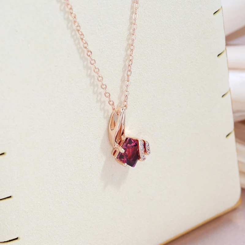 SYOUJYO Trendy Square Garnet Red Natural Zircon Necklace for Women 585 Rose Gold Color Pendant Necklace Crystal Flower