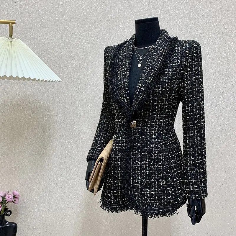 

Luxury High Quality Spring Autumn Black Tweed Jacket Women's Blazer Slim Fit Jacket Top Tassel Plaid Coat Harajuku Coats Trendy