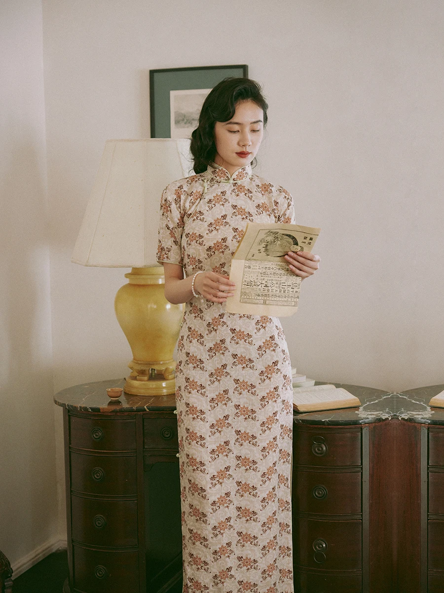 

Momei Summer Autumn Long Four-Sve Slit Flag Robe Retro Daily Flax Material Low Slit ort Sve Floral Patterned Qipao