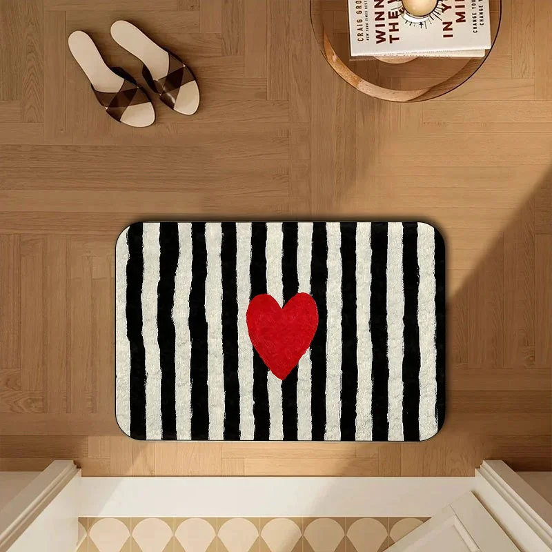 VIKAMA minimalist black and white striped red heart bathroom anti slip absorbent carpet home decoration