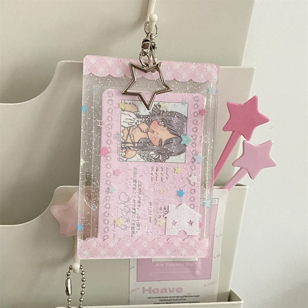 3 Inch Sparkling Glitter PVC Transparent Photocard Holder Star Idol Photo Card Sleeves Key Chain Bag Pendant Bus ID Card Case