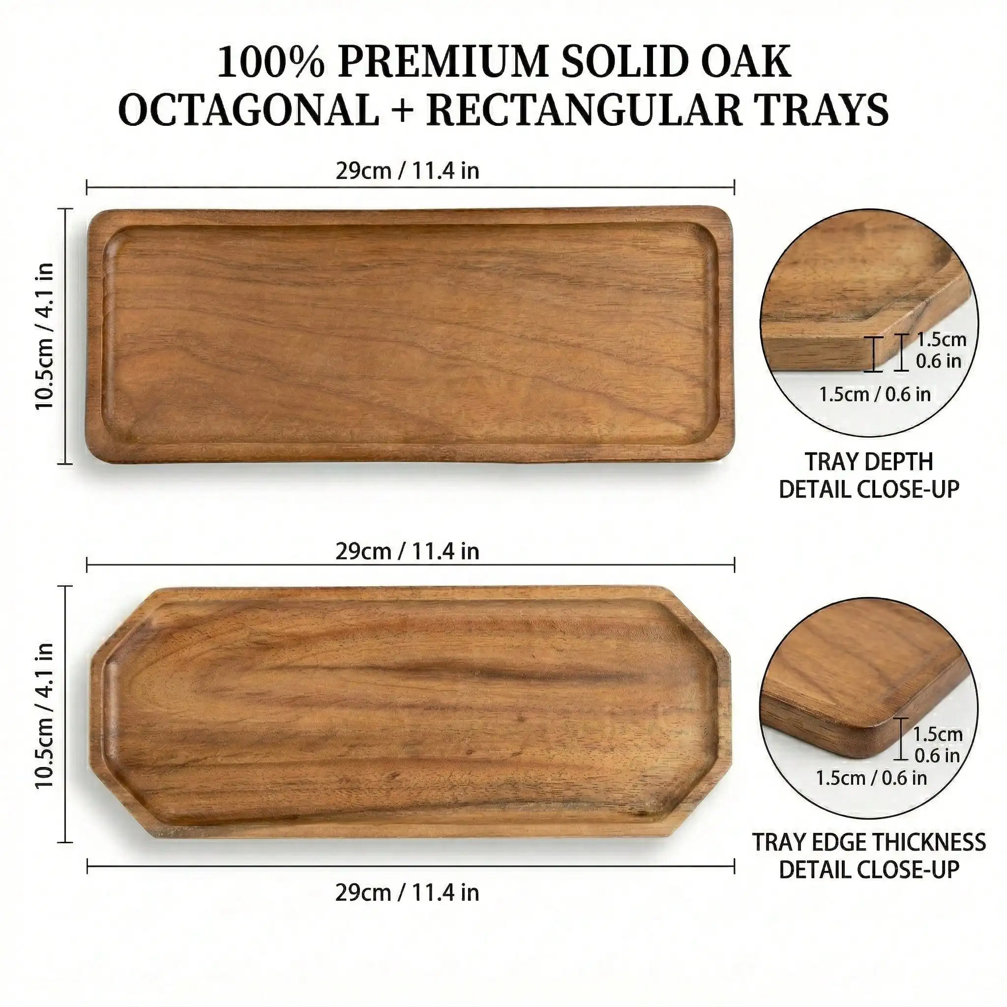 6 Pack Solid Oak Wood Serving Trays Set - 11.4