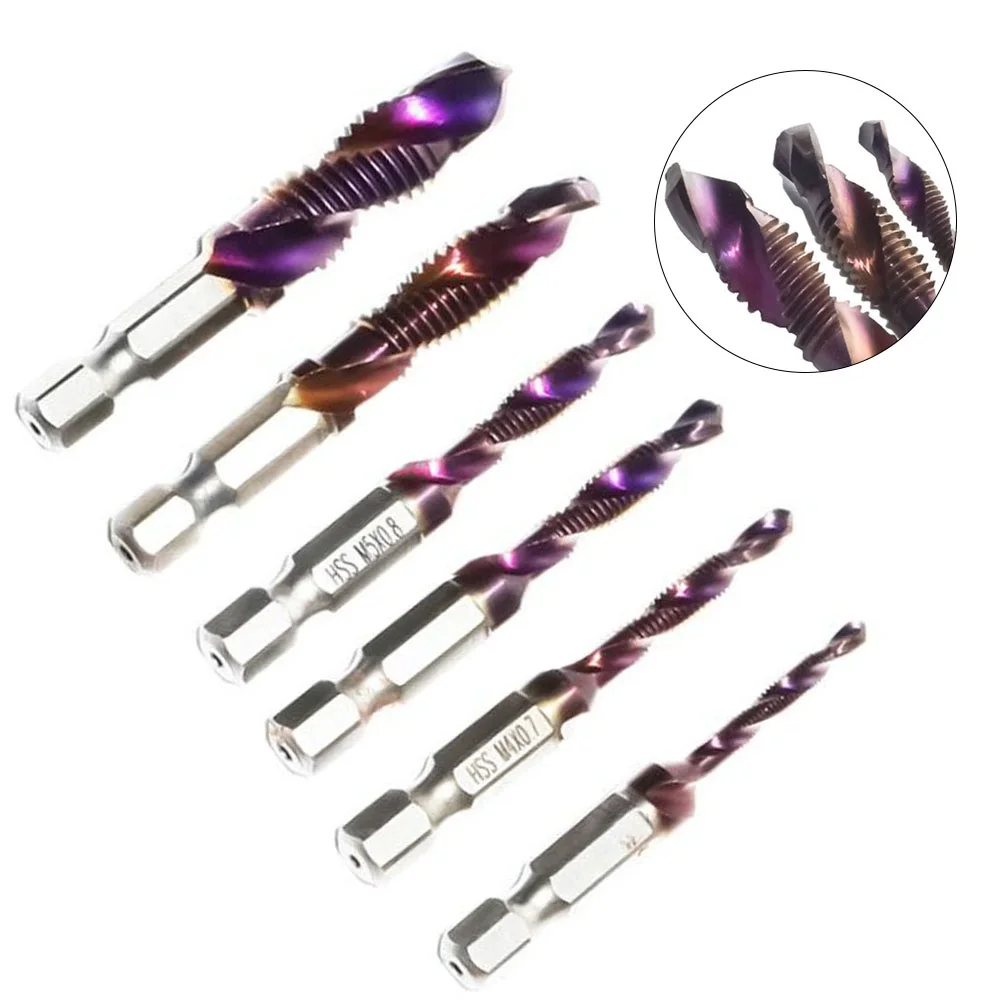 6pcs HSS Tap Drill Bit Set with 1/4 Hex Shank for M3 M5 M6 M8 M10 Drilling Tapping Chamfering Tool for Low Hardness Materials