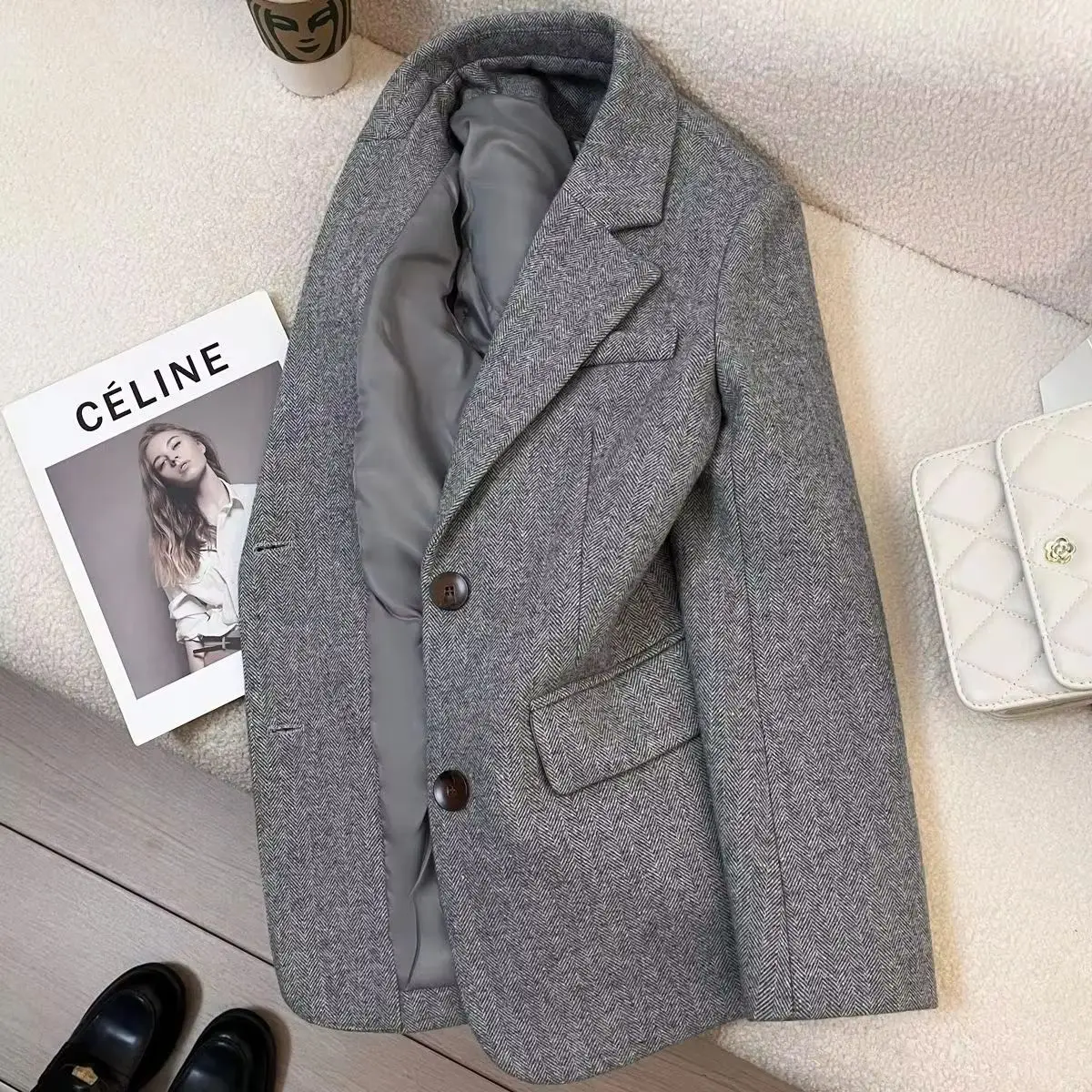 Women Grey Herringbone Pattern Woolen Suit Jacket 2026 Autumn Winter Retro Commuting Casual Top Female Single Breasted Blazers