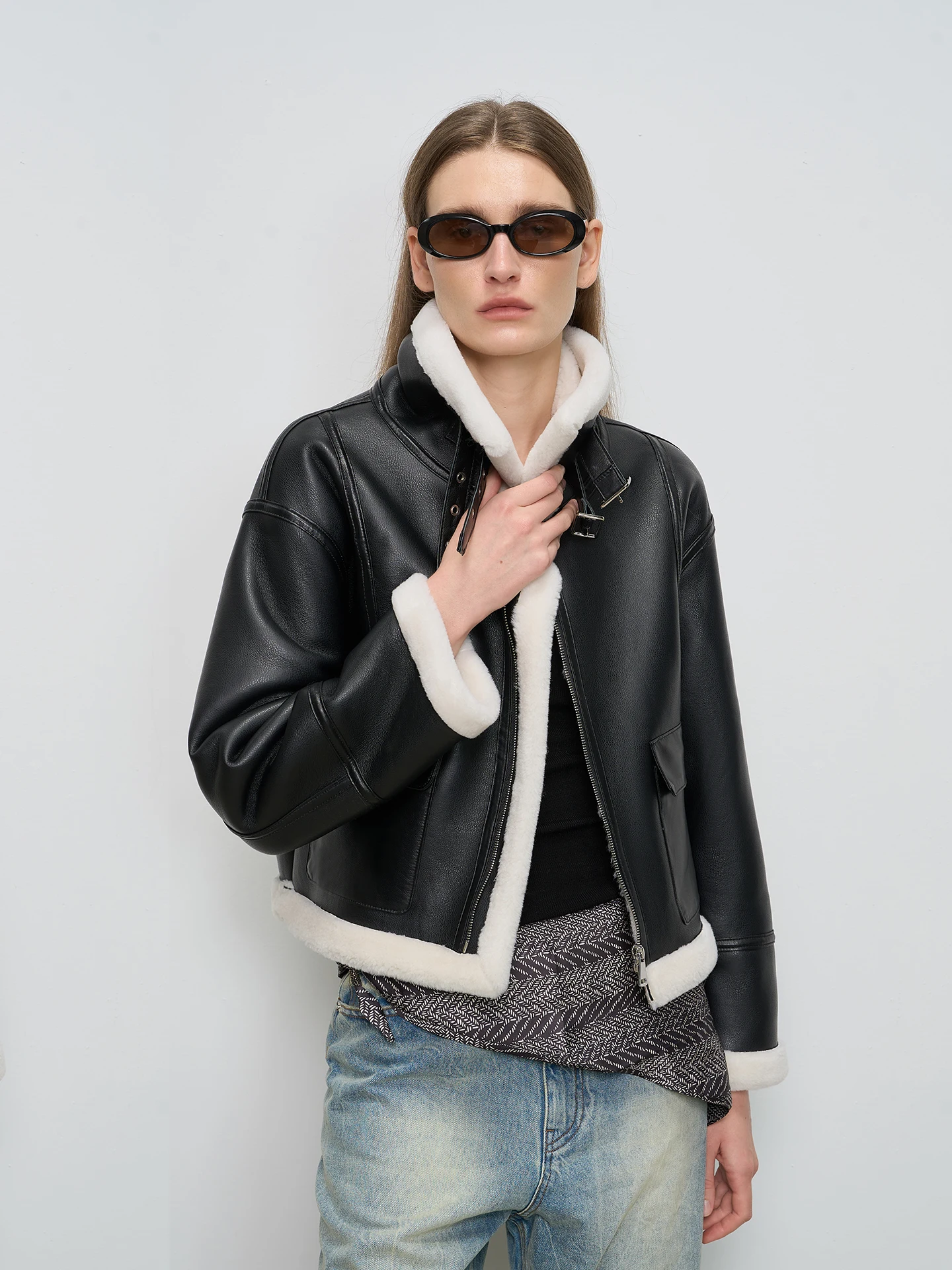 ケレ レディース ショート ブラック ファー ジャケット ラムスキン レザー コート 冬の新作 ヘアとレザー一体型 フライトジャケット