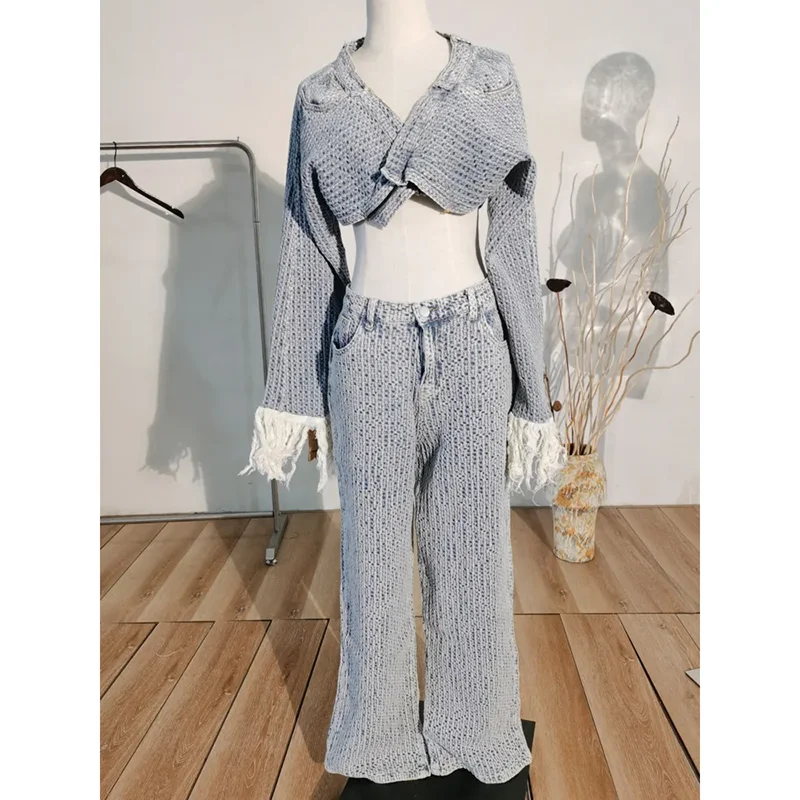 DEAT 2024 Spring New Items Long Tassel Sleeve Single Button Denim Short Jacket High Waist Full Jeans Two Piece Set Women MK359