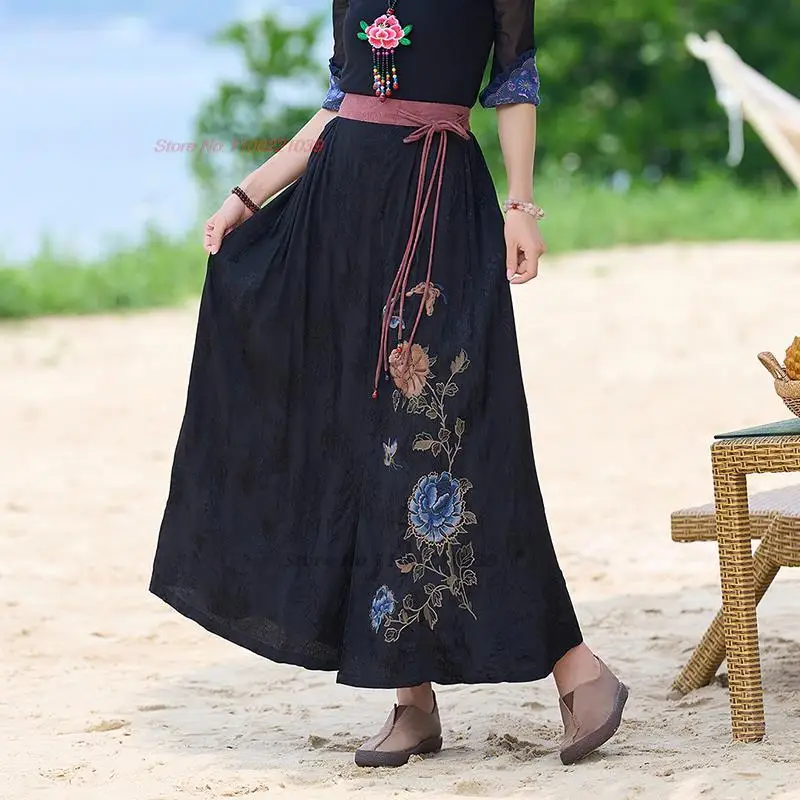 

2024 chinese retro satin jacquard skirt national flower embroidery ethnic harajuku skirt oriental elastic waist a-line skirt