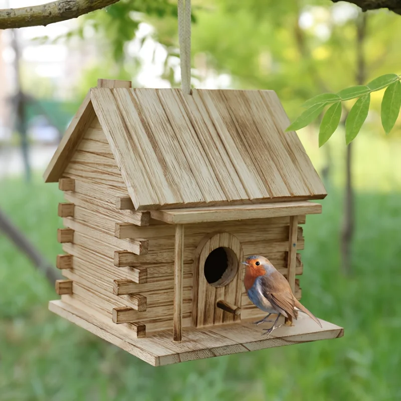 

Natural Pine Wood Bird Nest Box with Rope Hanger, Weatherproof Outdoor Shelter for Small Birds Garden Patio Decoration