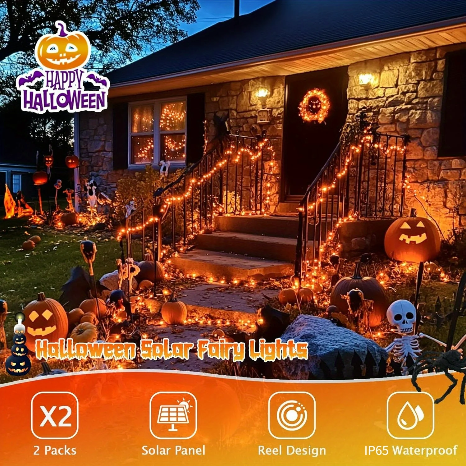 7M/12M/17M/22M Halloween Solar String Lights Outdoor Orange LED Copper Wire Fairy Lights 8 Modes IP65 Waterproof Party Decor