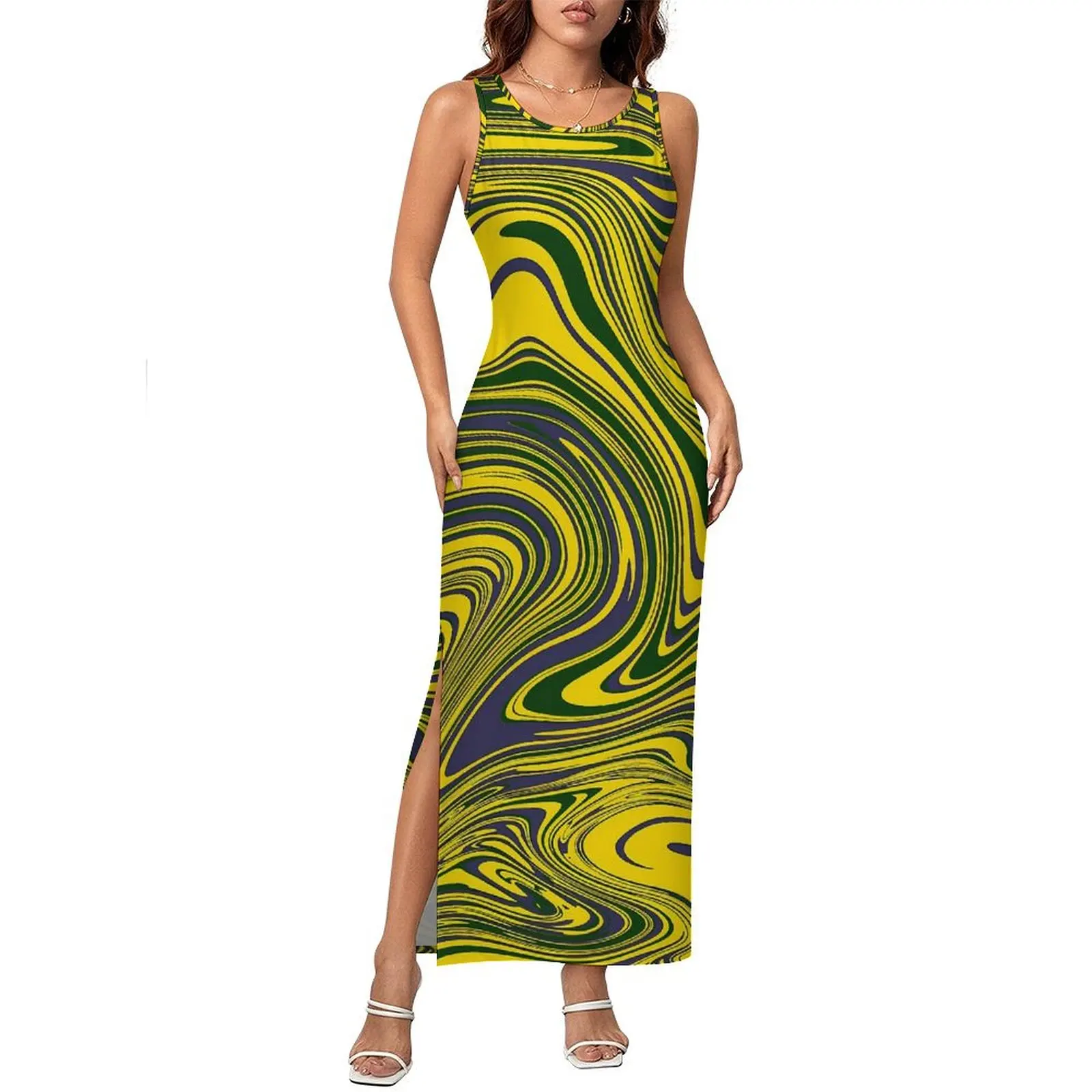 渦巻きプリントドレスノースリーブ黄緑紫ヴィンテージマキシドレス夏のストリートスタイルグラフィックボディコンドレスビッグサイズ4XL