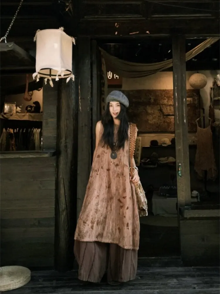 

Retro Loose Sleeveless Women's Dress Set Elegant Casual Style Summer Collection Fashionable Miniature Skirt Pants Combo
