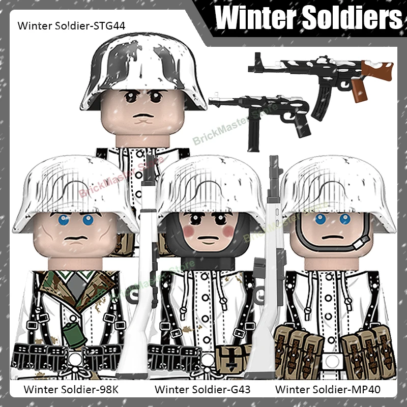 

Конструктор «Солдаты Второй мировой войны: Зимние военные»: Немецкая пехота в белой форме, шлем, снаряжение, оружие. Игрушка-конструктор DIY. Подарки.