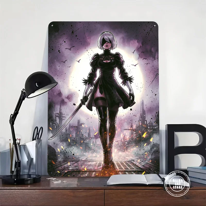 2B With Sword in Ruined City 3D Printed Texture Poster Personalized Wall Art Retro Metal Tin Signs for Room Decoration Cozy Home