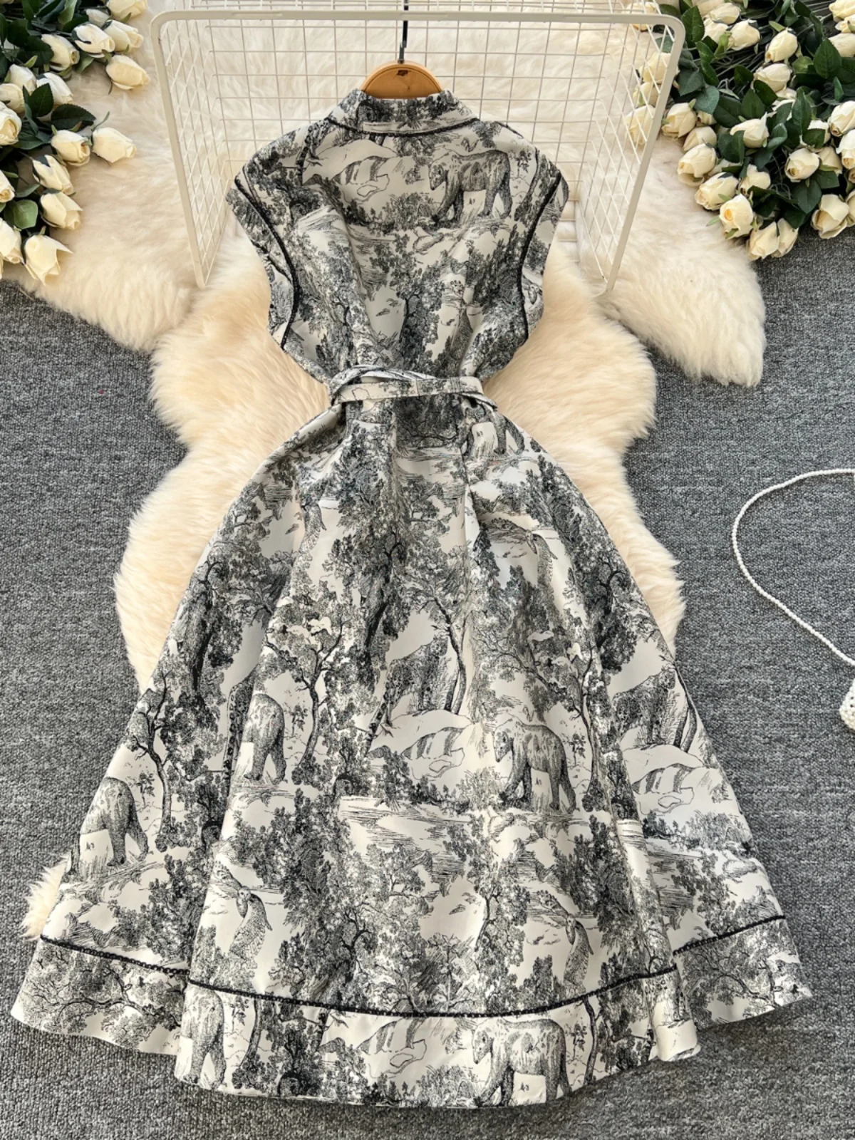 우아한 롱 드레스 2025 신상 여성용 하이웨이스트 A라인 스커트 스타일 민소매 턴다운 칼라 싱글 버튼 자수 미디 드레스