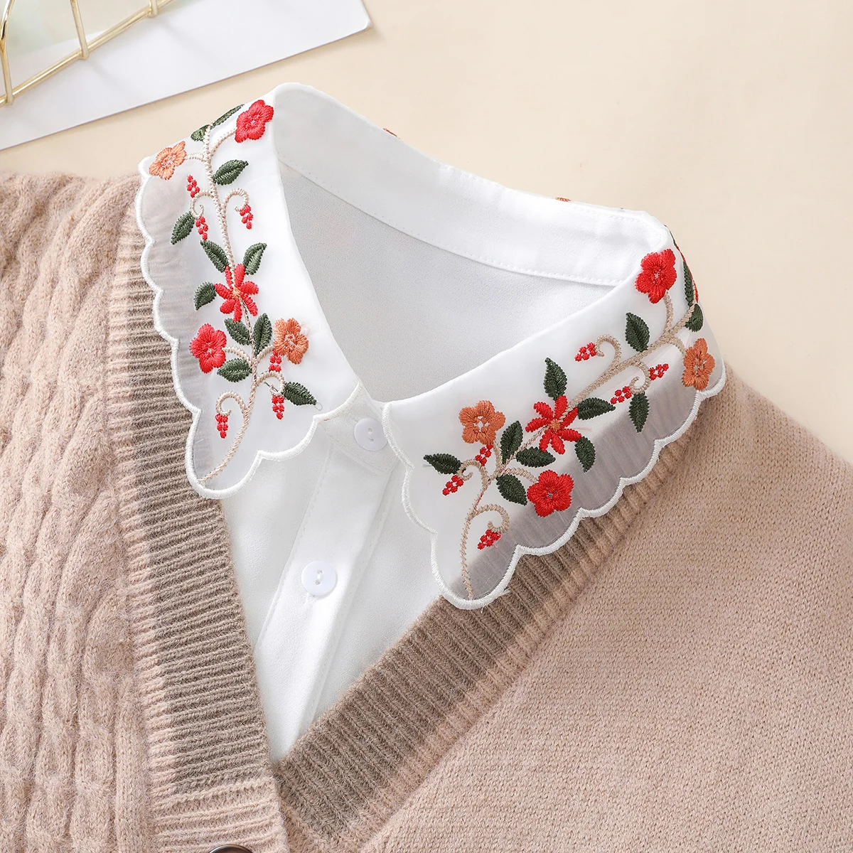 Ladies Fashion Embroidered Colorful Flower Collar with Sweater Bottom Shirt Versatile Detachable Chiffon Fake Collar