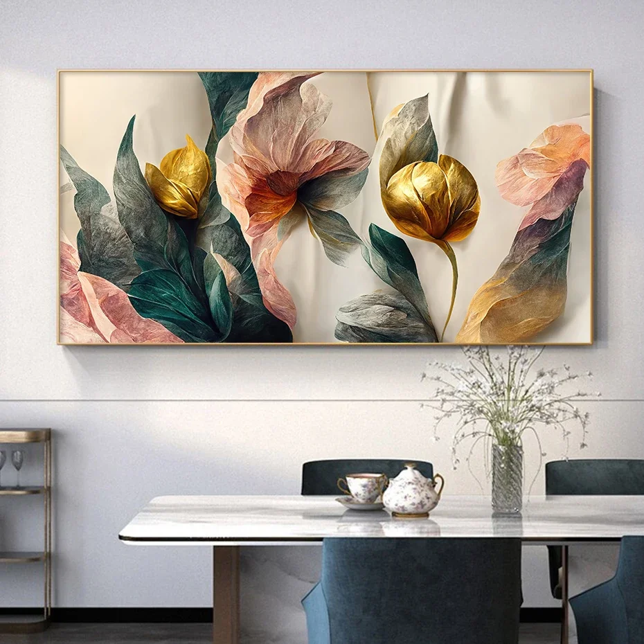 1pc frameless Vintage Gold Green Pink Flowers Posters Wall Art Canvas Painting Prints Pictures  Interior  Decoration