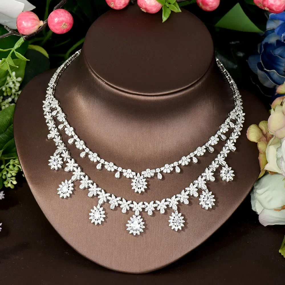 Moda coreana due strati impilati fiore collana pendente orecchini gioielli donne set nuziale festa cena vestito accessori Q-46