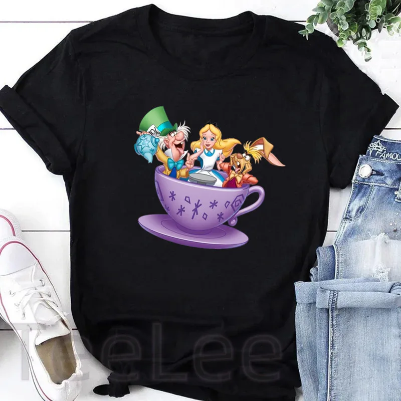 Alice In Wonderland T-shirt Printed Harajuku Black Tshirts O-neck Summer Short Sleeve Tops Woman Cartoon Graphic Tshirts