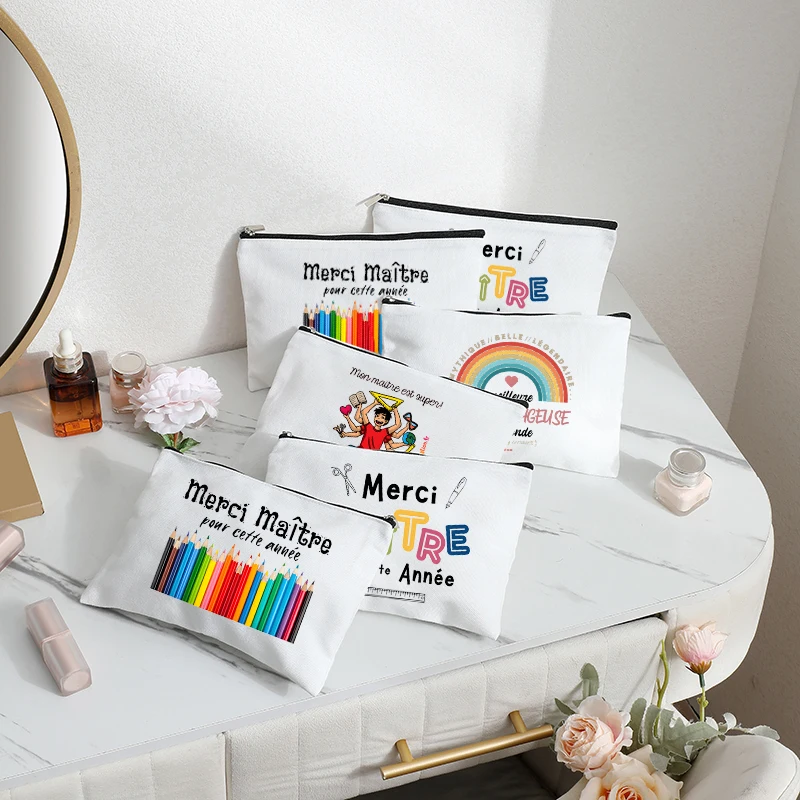 

Français MAÎTRE Appreciation Design Makeup Bag for Women - Colorful School Theme Cosmetic Case,cadeau Maitresse D'école Wallet