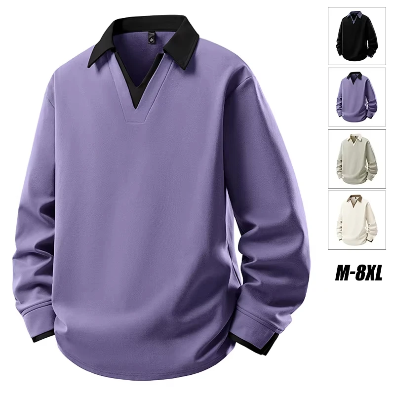 

Big&Tall Men Sweatshirt Youth Fashion Plus Size Pullover V Neck Polo Sweatshirts Autumn Winter Loose High Streetwear 6XL 7XL 8XL