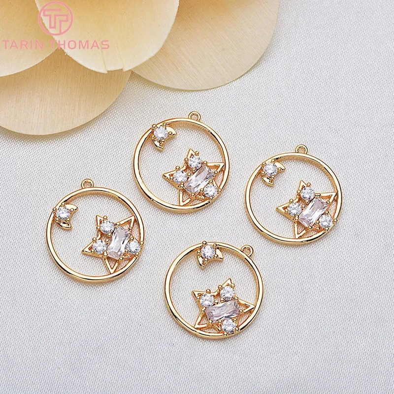 (498)6PCS 15x16MM 24K Gold Color Brass with Zircon Round with Star Charms Pendants High Quality Diy Jewelry Accessories