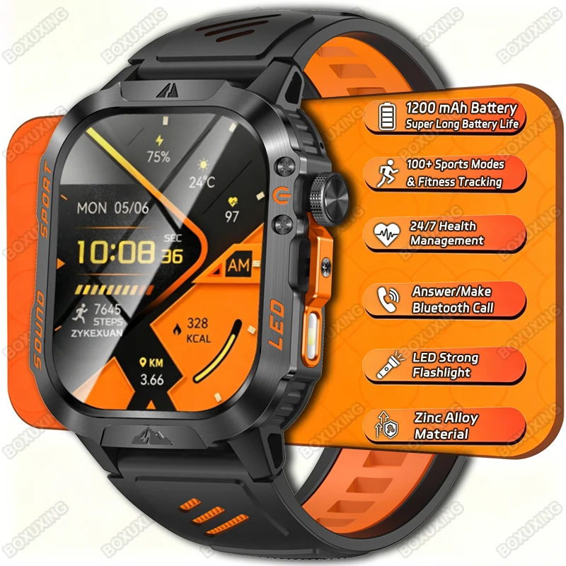 1200 mAh Battery Rugged Military Smartwatch Men 5ATM Waterproof Sports Fitness Health Monitor Sports Smart Watch For iOS Android
