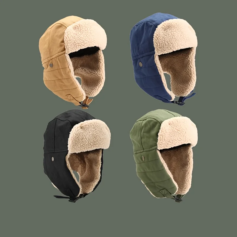 Winter Earflap Pilot Cap Thickened Fleece Windproof Coldproof Ski Running Lei Feng Hat Ear Protective Women Men Warm Pilot Cap