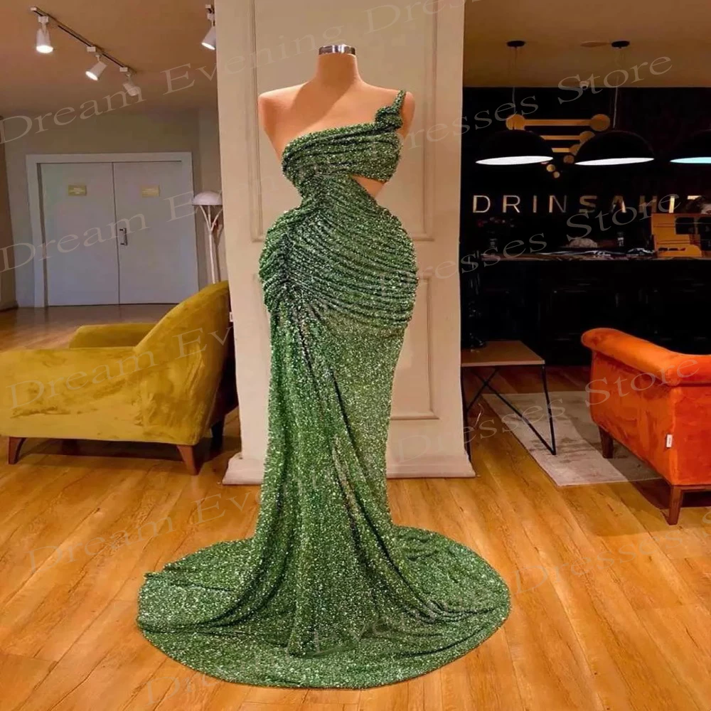 Sparkling Green Mermaid Pretty Evening Dresses Sexy Sleeveless Pleated Sequined Prom Gowns Vestidos De Gala Mujer Para Fiesta