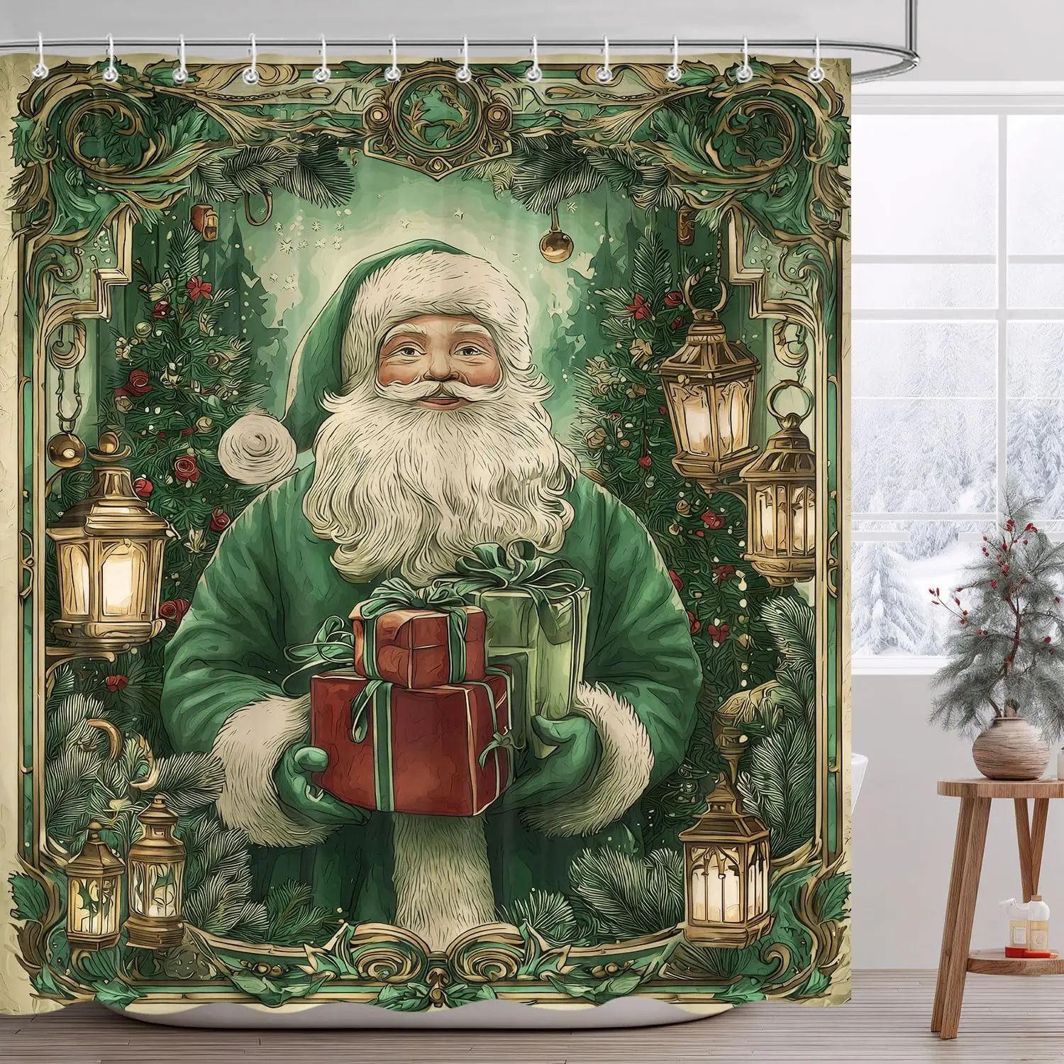 Vintage Christmas Shower Curtain,Cute Retro Santa Claus Winter Holiday Shower Curtains,ark Green Vacation Primitive XmasBathroom
