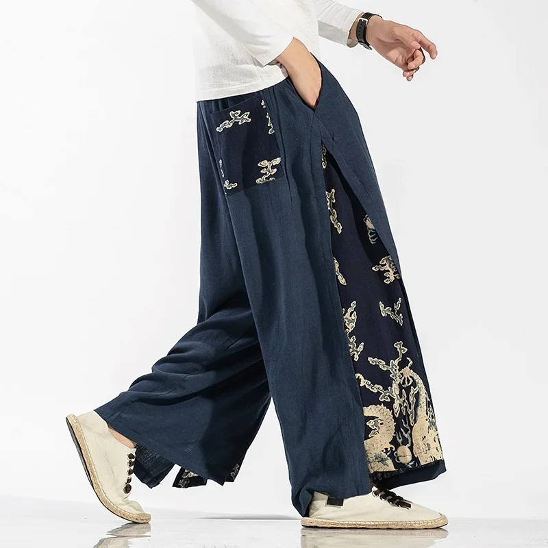 Chinese Style Tang Suit Men Linen Cotton Kung Fu Loose Japanese Kimono Pants Wide Leg Trousers Male Bottom Kung Fu Pants 10835