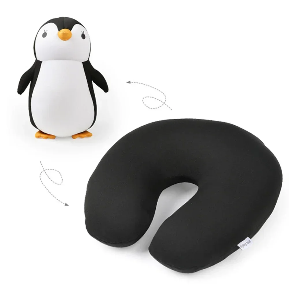 Travel Neck Pillow U-Shaped Plush Pillow Cute Zip and Flip Penguin Deformable Cushion Supports Your Head Neck Chin for Adult