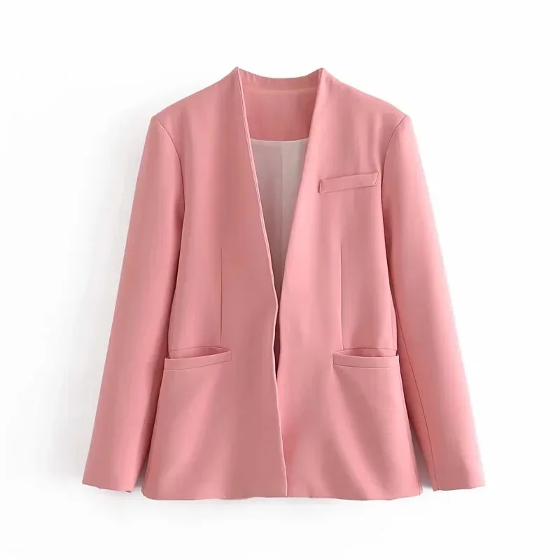 2024 Spring New Womens Tops Minimalist Solid Color Women Collarless Suit Jacket Fashion Female Office Blazer